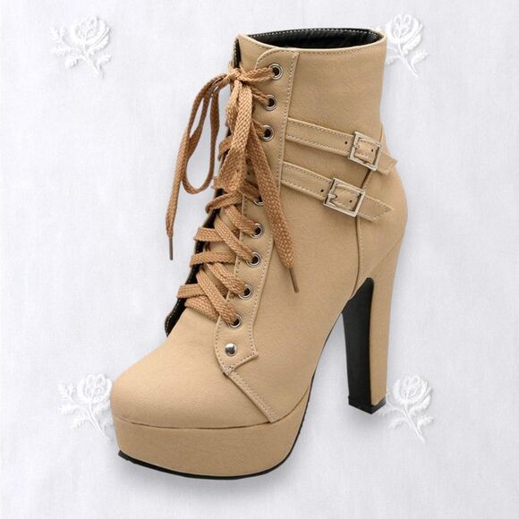 Shoes - NEW Tan Cream High Heel Buckle Ren Fair Witchy Wench Platform Lace Up Boots 7.5